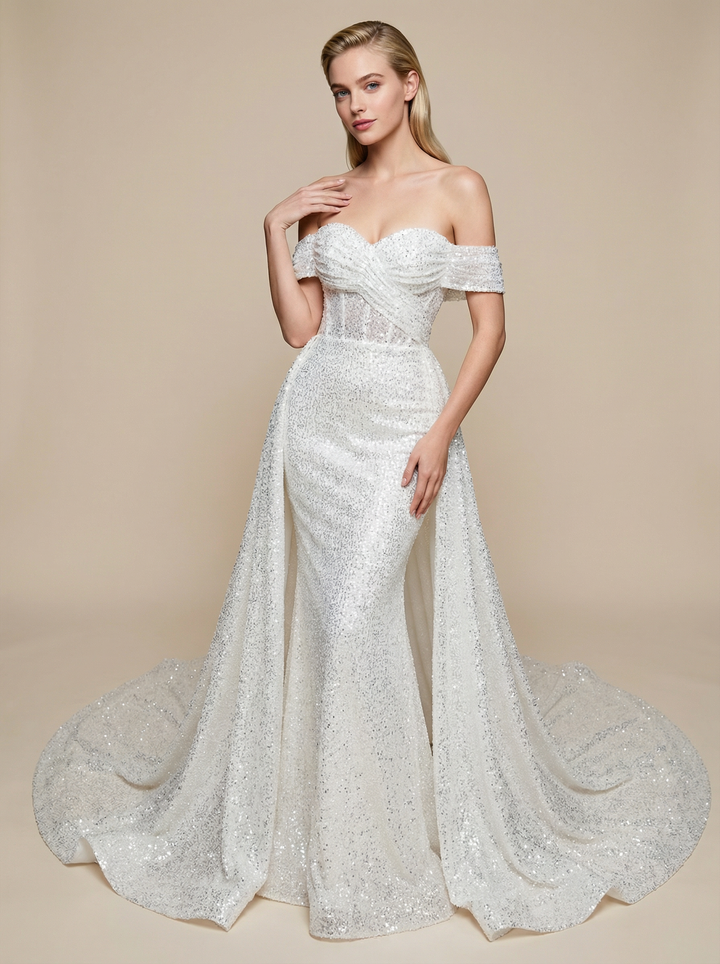 Mermaid Off Shoulder Ruched Maxi Long Sequin Wedding Dresses With Detachable Skirt