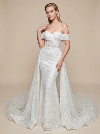Mermaid Off Shoulder Ruched Maxi Long Sequin Wedding Dresses With Train