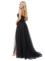 Sparkly Spaghetti Straps Side Slit Lace Appliques Sequin Tulle Floor-Length A-Line Prom Dress