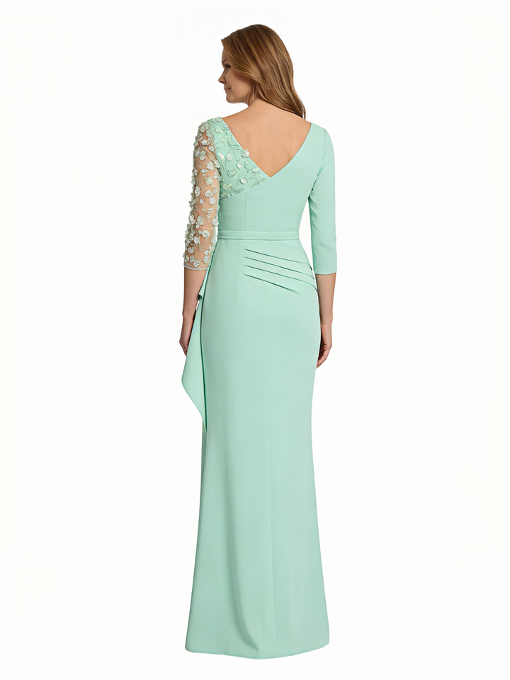 Chicsew V-Neck 3/4 Sleeve Ruffled Mermaid Floor Length Stretch Crepe Floral Embroidered Fancy Mother of the Bride Dresses