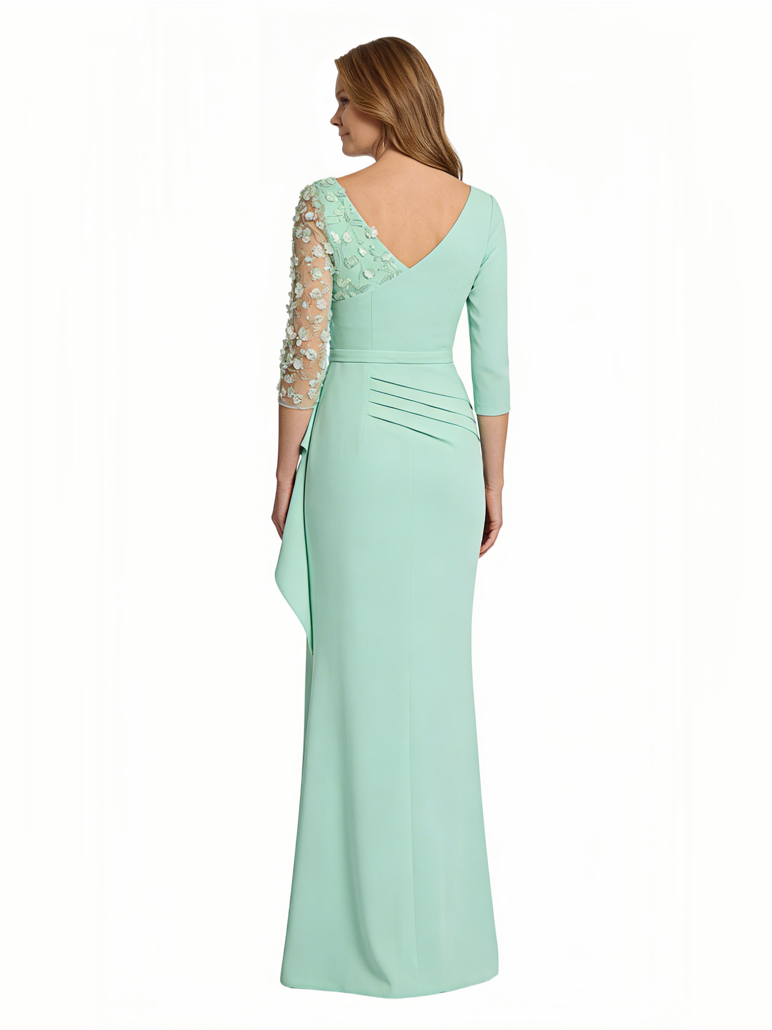 Chicsew V-Neck 3/4 Sleeve Ruffled Mermaid Floor Length Stretch Crepe Floral Embroidered Fancy Mother of the Bride Dresses