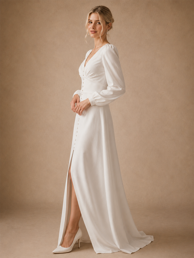 ChicSew Modern V-Neck Long Sleeves Crepe A-Line Floor-Length Wedding Dress WIth Slit