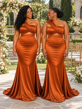 ChicSew Sexy One Shoulder Ruching Mermaid Soft Satin Floor-Length Bridesmaid Dresses