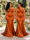 ChicSew Sexy One Shoulder Ruching Mermaid Soft Satin Floor-Length Bridesmaid Dresses