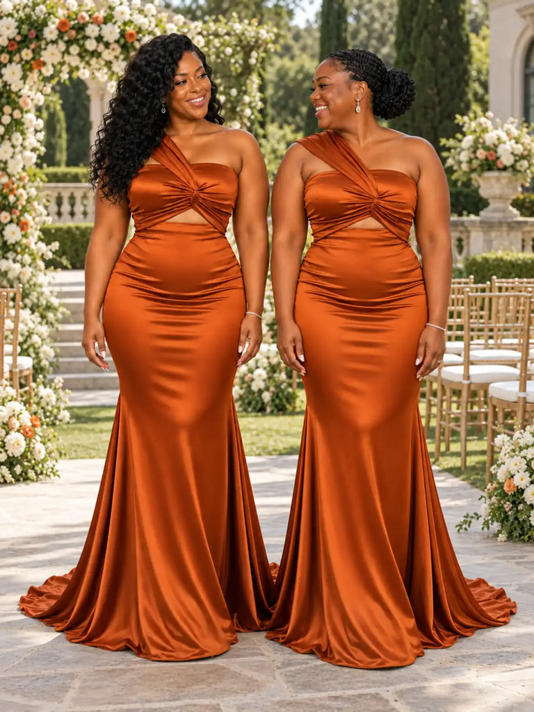 ChicSew Sexy One Shoulder Ruching Mermaid Soft Satin Floor-Length Bridesmaid Dresses