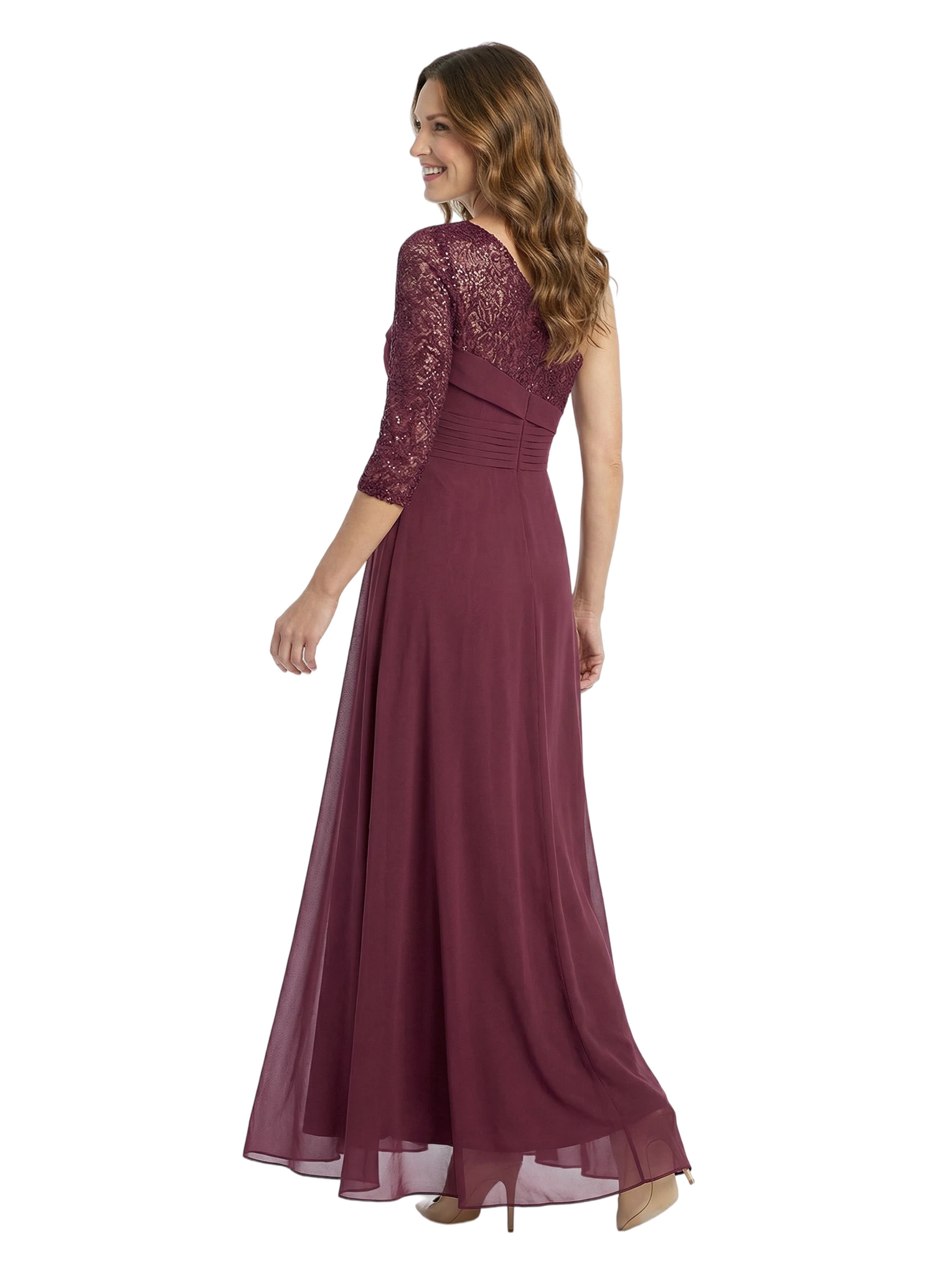 Chicsew Elegant One Shoulder 3/4 Sleeves Chiffon Mother of The Bride Gown