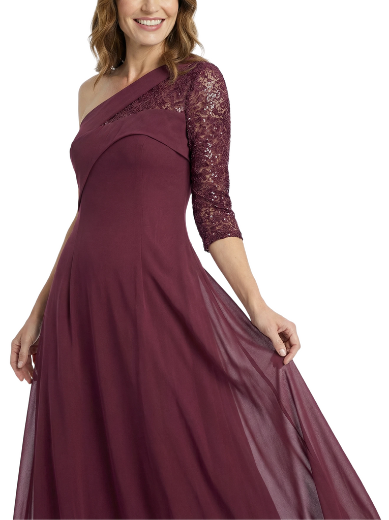 Chicsew Elegant One Shoulder 3/4 Sleeves Chiffon Mother of The Bride Gown