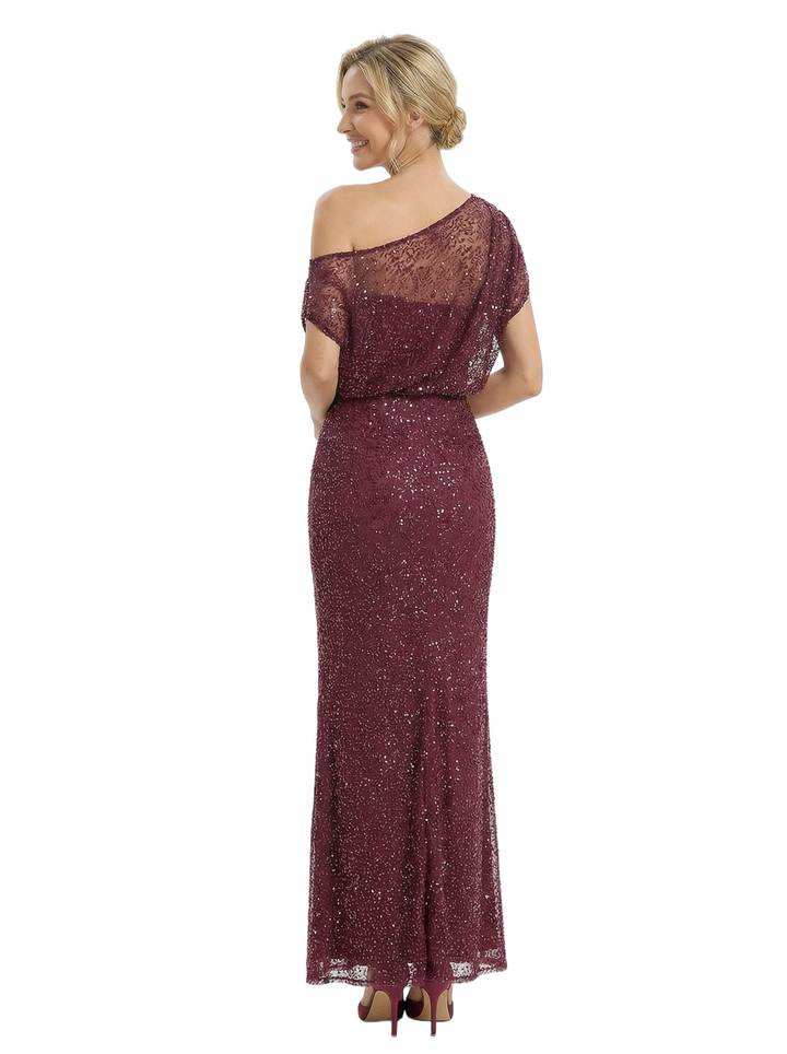 Chicsew Mother of The Bride Dress Modern One Shoulder Short Sleeve Lace Maxi Gown Sparkle Classy Embellishments