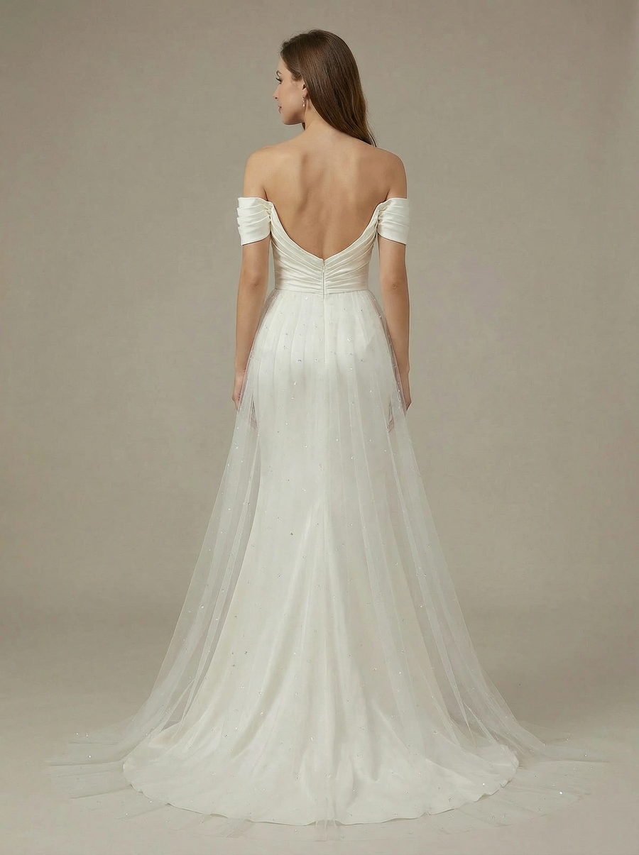 Mermaid Off Shoulder Side Slit Ruched Maxi Long Satin Wedding Dresses With Overskirt