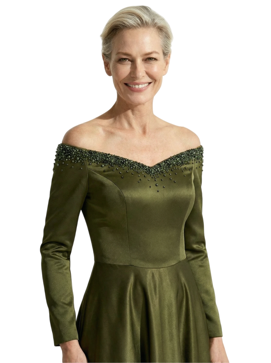 Sexy Off Shoulder Beading Long Sleeves A-Line Satin Mother of the Groom Evening Dress