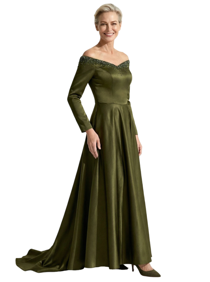 Sexy Off Shoulder Beading Long Sleeves A-Line Satin Mother of the Groom Evening Dress