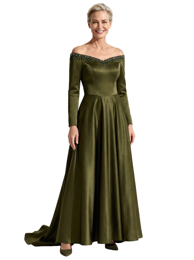 Sexy Off Shoulder Beading Long Sleeves A-Line Satin Mother of the Groom Evening Dress