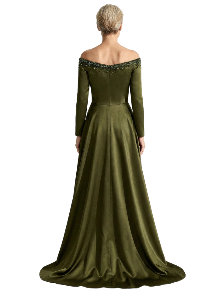 Sexy Off Shoulder Beading Long Sleeves A-Line Satin Mother of the Groom Evening Dress