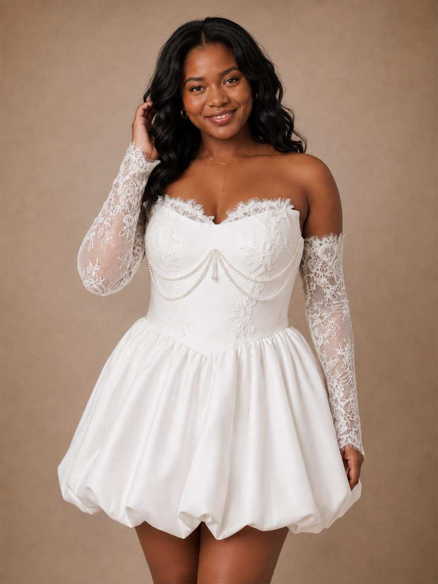 ChicSew Fancy Strapless A-Line Mini-Length Satin Wedding Dress With Lace Appliques