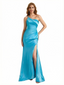 Sexy One Shoulder Side Slit Silky Satin Mermaid Long Evening Gown Dresses For Women