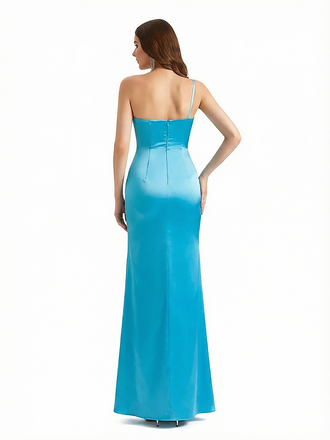 Sexy One Shoulder Side Slit Silky Satin Mermaid Long Evening Gown Dresses For Women