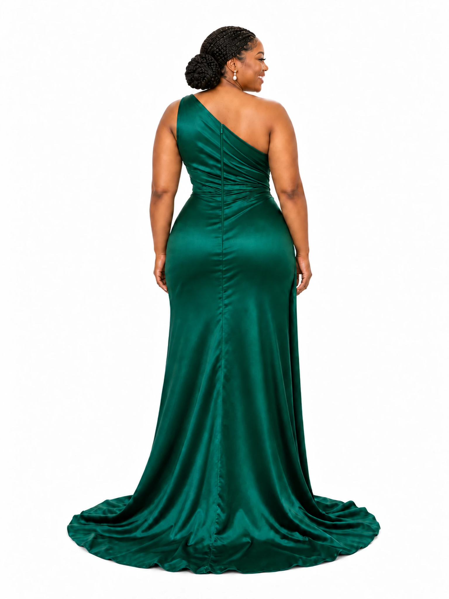 ChicSew One Shoulder Rhinestone Ruched Mermaid Side Slit Soft Satin Long Bridesmaid Dresses