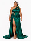 ChicSew One Shoulder Rhinestone Ruched Mermaid Side Slit Soft Satin Long Bridesmaid Dresses