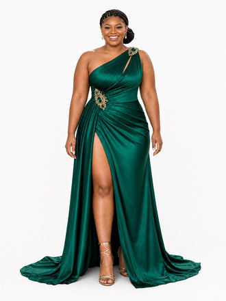ChicSew One Shoulder Rhinestone Ruched Mermaid Side Slit Soft Satin Long Bridesmaid Dresses