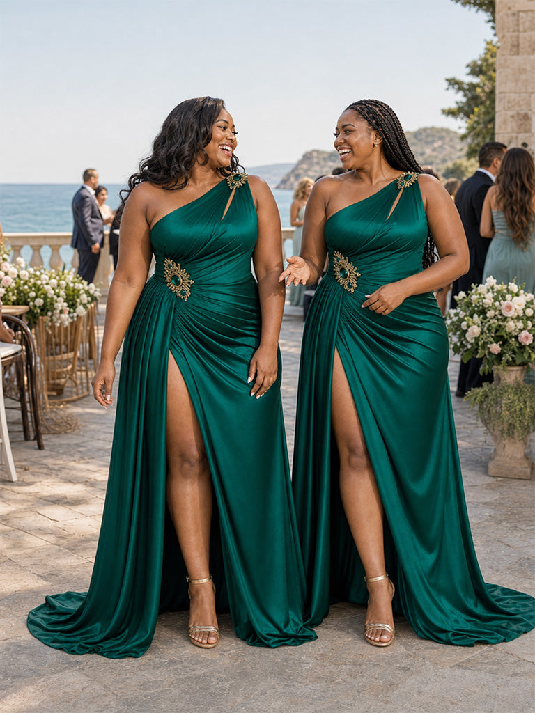 ChicSew One Shoulder Rhinestone Ruched Mermaid Side Slit Soft Satin Long Bridesmaid Dresses