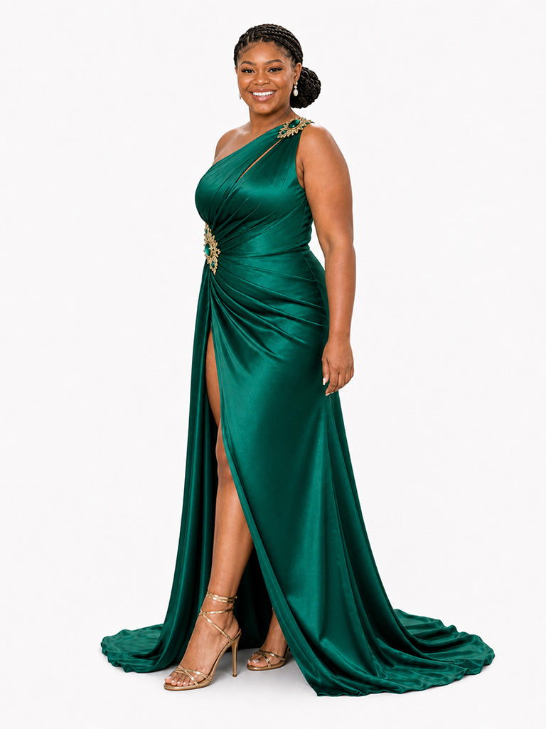 ChicSew One Shoulder Rhinestone Ruched Mermaid Side Slit Soft Satin Long Bridesmaid Dresses