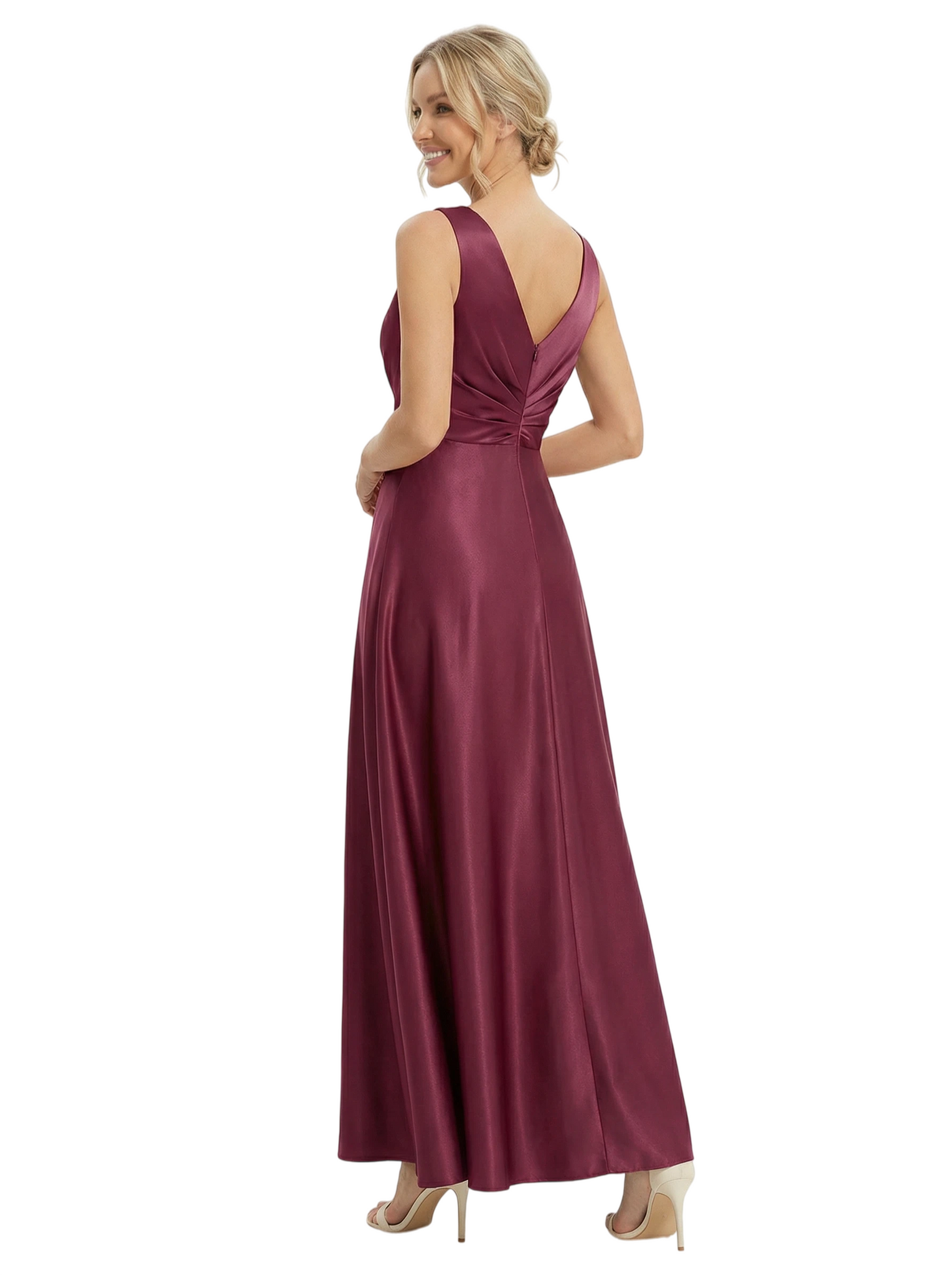 Chicsew Elegant V-Neck Sleeveless Satin Floor-Length A-Line Mother Of The Bride Dress
