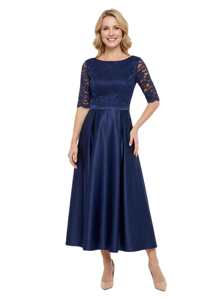 Chicsew Elegant Boat Neck Lace 3/4 Sleeves Satin Ankle-Length A-Line Mother Of The Bride Dress