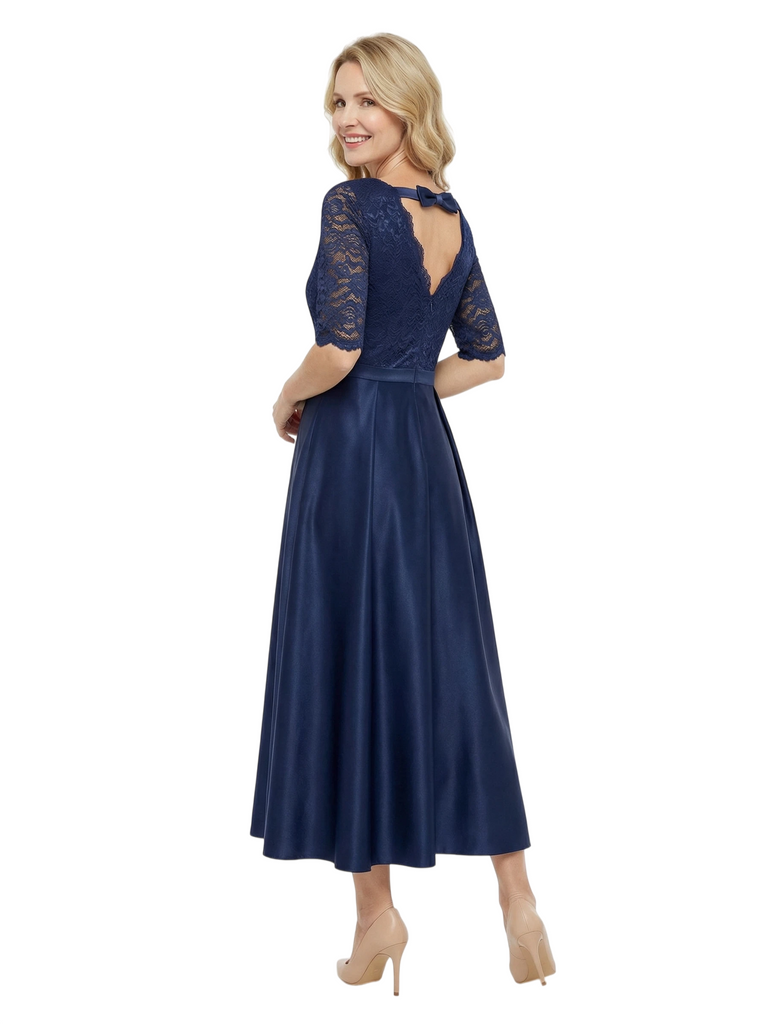 Chicsew Elegant Boat Neck Lace 3/4 Sleeves Satin Ankle-Length A-Line Mother Of The Bride Dress