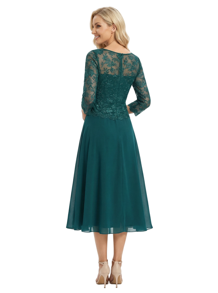 Chicsew Unique Chiffon A-Line Long Sleeves Lace Applique Midi Mother Of The Bride Dresses