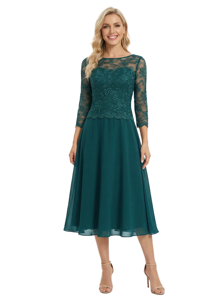 Chicsew Unique Chiffon A-Line Long Sleeves Lace Applique Midi Mother Of The Bride Dresses
