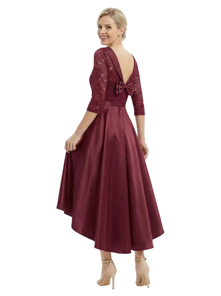 Chicsew Elegant Boat Neck Satin Lace Mother Of The Bride Dresses High-Low A-Line Gowns