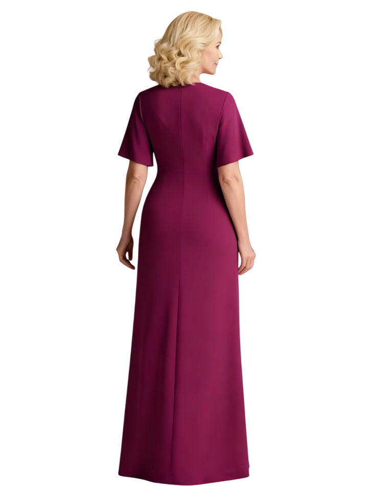 Chicsew Pretty Mother of The Groom Dress Jewel Neck Short Sleeves Ruffled Detail Fitted Maxi Jersey Graceful Wedding Celebration Gown