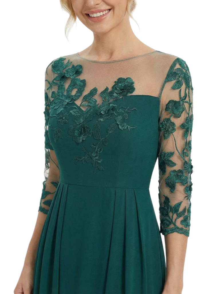 Chicsew Unique Mother of The Bride Dress Illusion Lace Long Sleeves Overlay Chiffon Floor Length Flowy Elegant Formal Occasion Gown