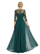 Chicsew Unique Mother of The Bride Dress Illusion Lace 3/4 Sleeves Overlay Chiffon Floor Length Flowy Elegant Formal Occasion Gown