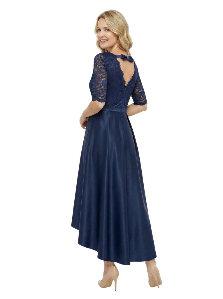 Chicsew Elegant Mother Of The Bride Dress Half Sleeves Lace Satin High-Low A-Line Gown