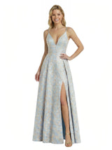 ChicSew Elegant Jacquard Satin Spaghetti Straps A-Line Side Slit Formal Evening Dresses