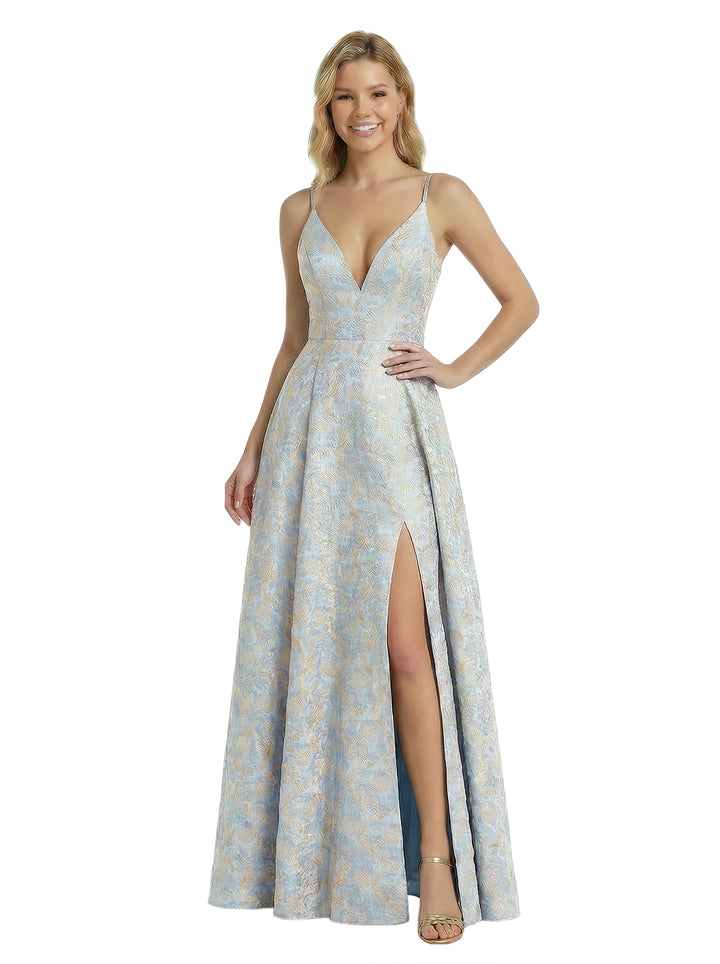 ChicSew Elegant Jacquard Satin Spaghetti Straps A-Line Side Slit Formal Evening Dresses
