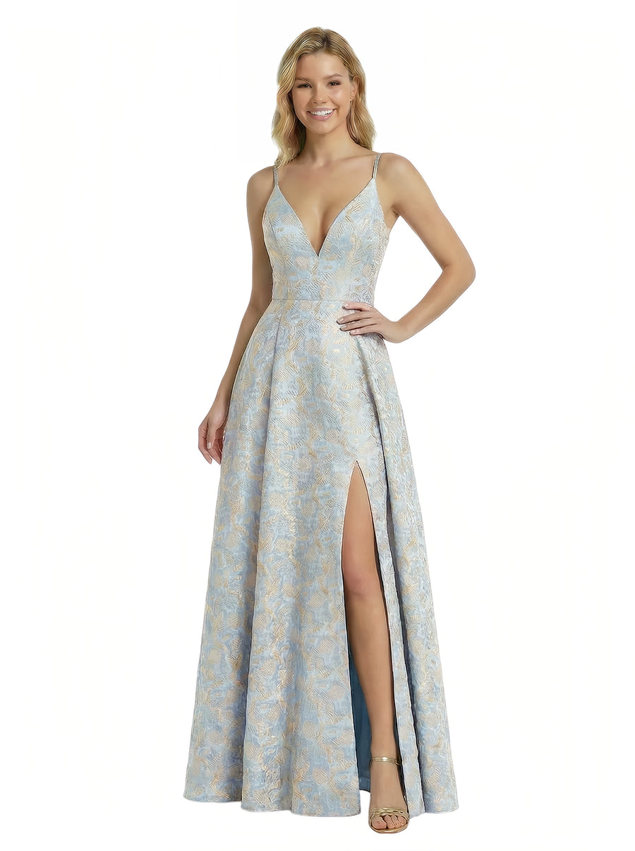 ChicSew Elegant Jacquard Satin Spaghetti Straps A-Line Side Slit Formal Evening Dresses