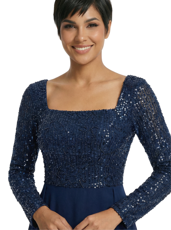 Elegant Sheath Sequin Square Long Sleeves Floor-Length Mother of The Bride Dresses Overskirt