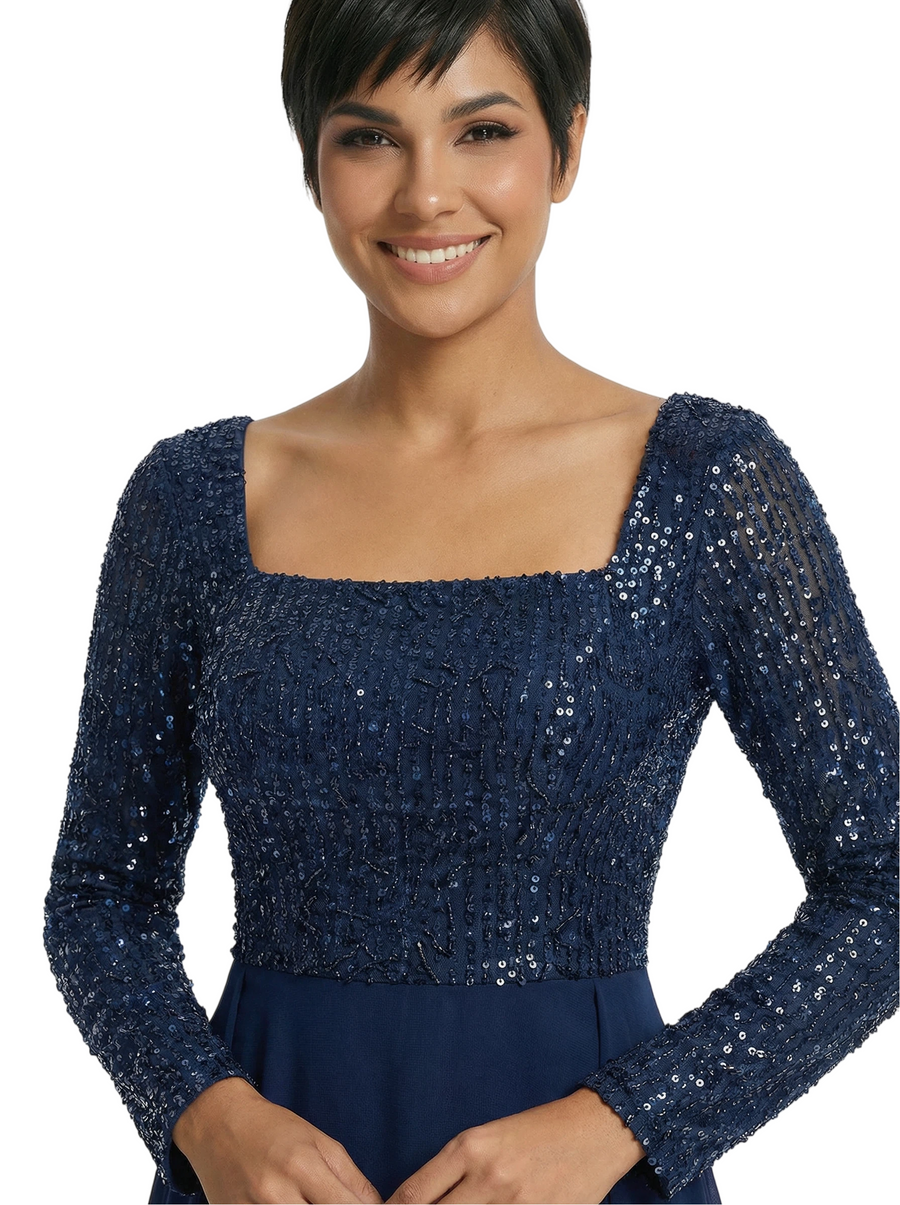 Elegant Sheath Sequin Square Long Sleeves Floor-Length Mother of The Bride Dresses Overskirt