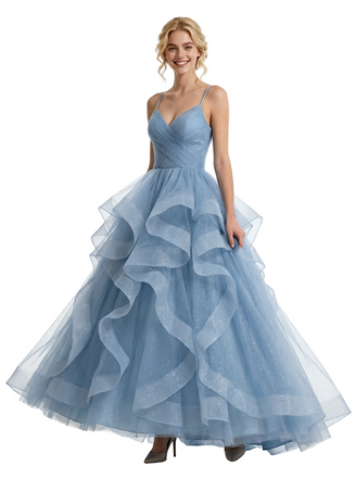 Modern Ruffled Spaghetti Strap Prom Dress Sparkly Tulle Ball Gown Unique Layered Formal Evening Wear