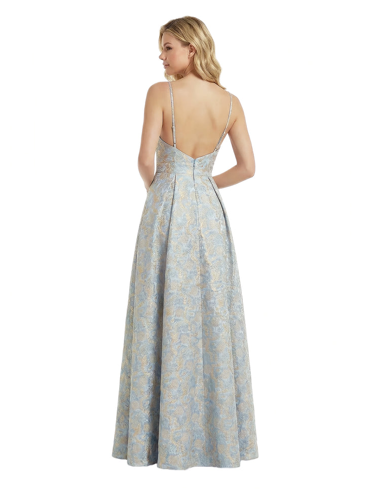 ChicSew Elegant Jacquard Satin Spaghetti Straps A-Line Side Slit Formal Evening Dresses