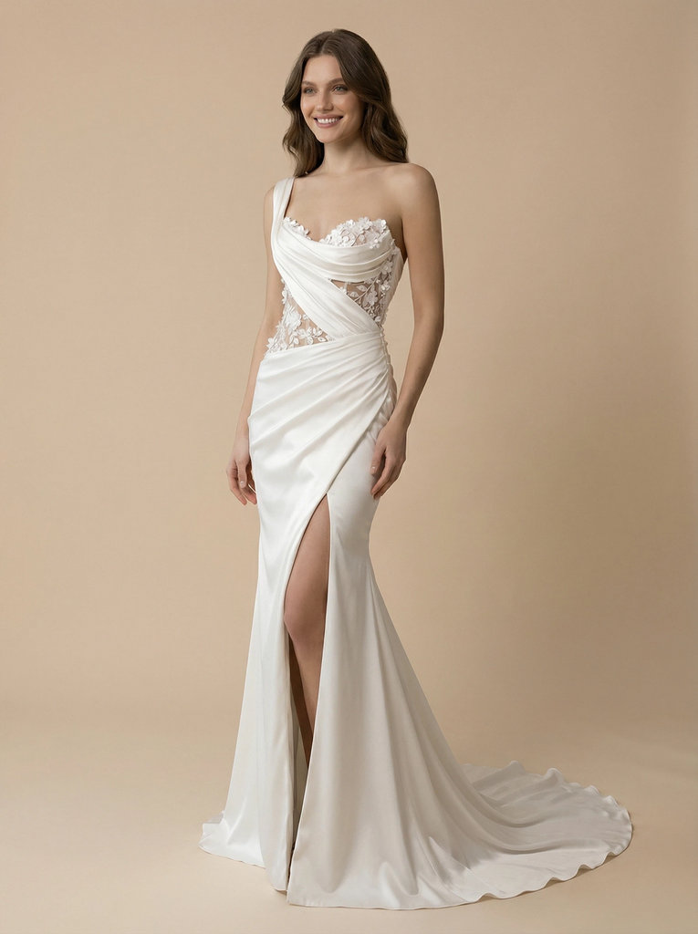 Mermaid One Shoulder Lace Applique Maxi Long Satin Wedding Dresses Online