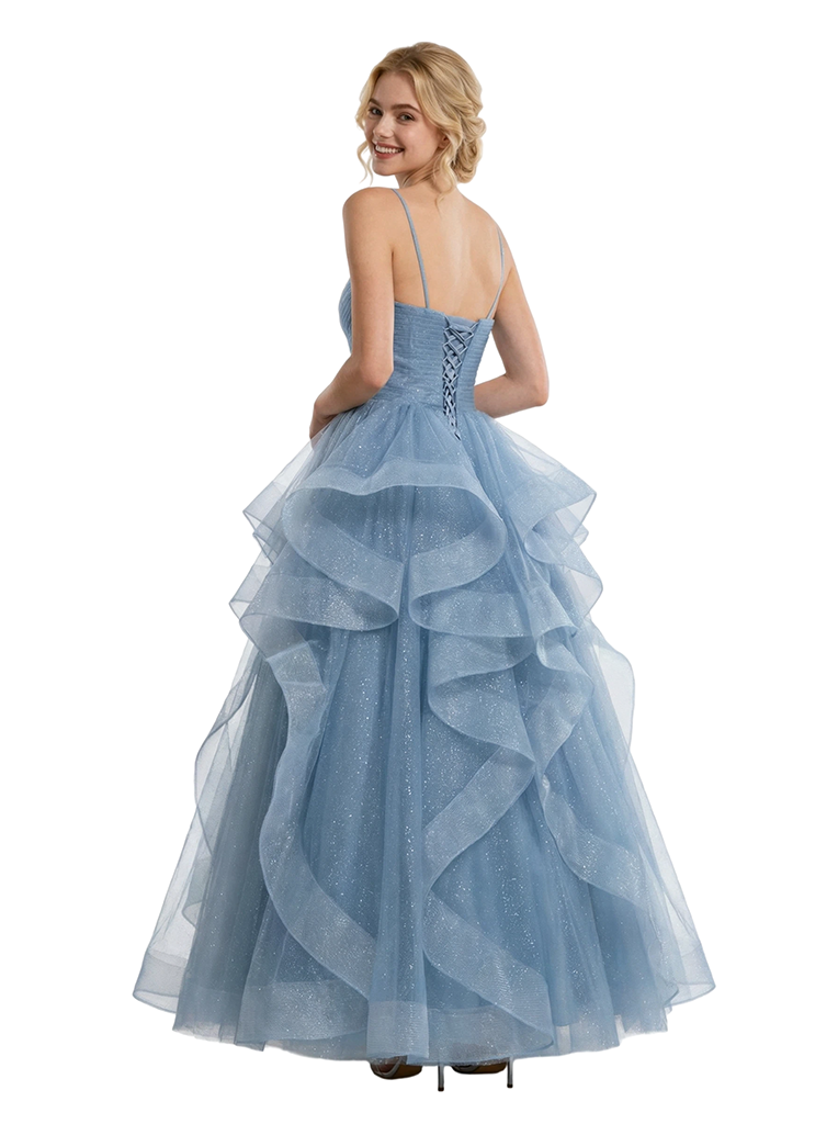 Modern Ruffled Spaghetti Strap Prom Dress Sparkly Tulle Ball Gown Unique Layered Formal Evening Wear