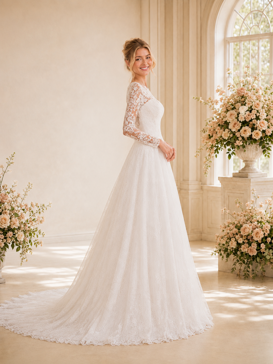 ChicSew Elegant Illusion Long Sleeves Lace A-Line Floor-Length Wedding Dresses Online