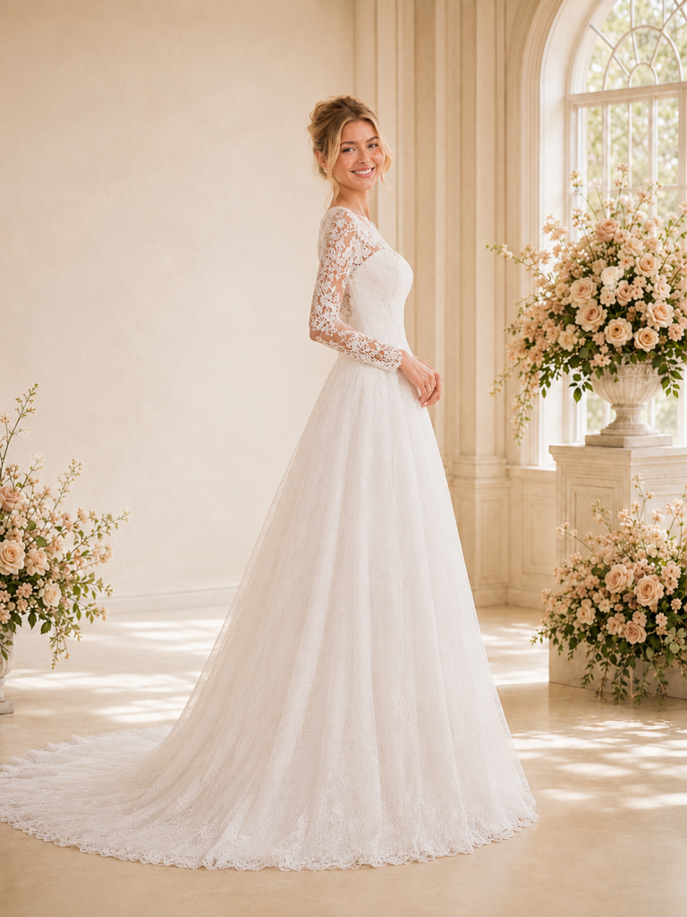 ChicSew Elegant Illusion Long Sleeves Lace A-Line Floor-Length Wedding Dresses Online