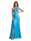 Sexy Mermaid One Shoulder Side Slit Silky Satin Floor Length Evening Formal Dresses
