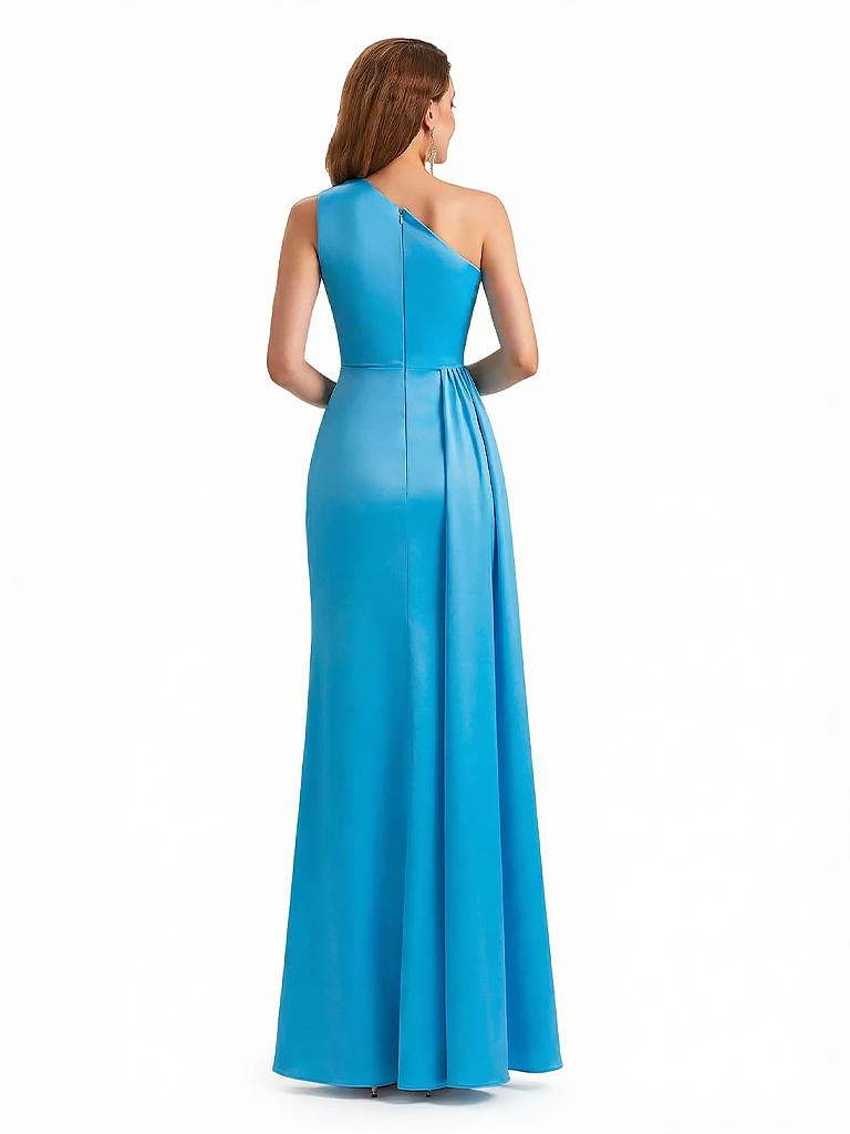 Sexy Mermaid One Shoulder Side Slit Silky Satin Floor Length Evening Formal Dresses