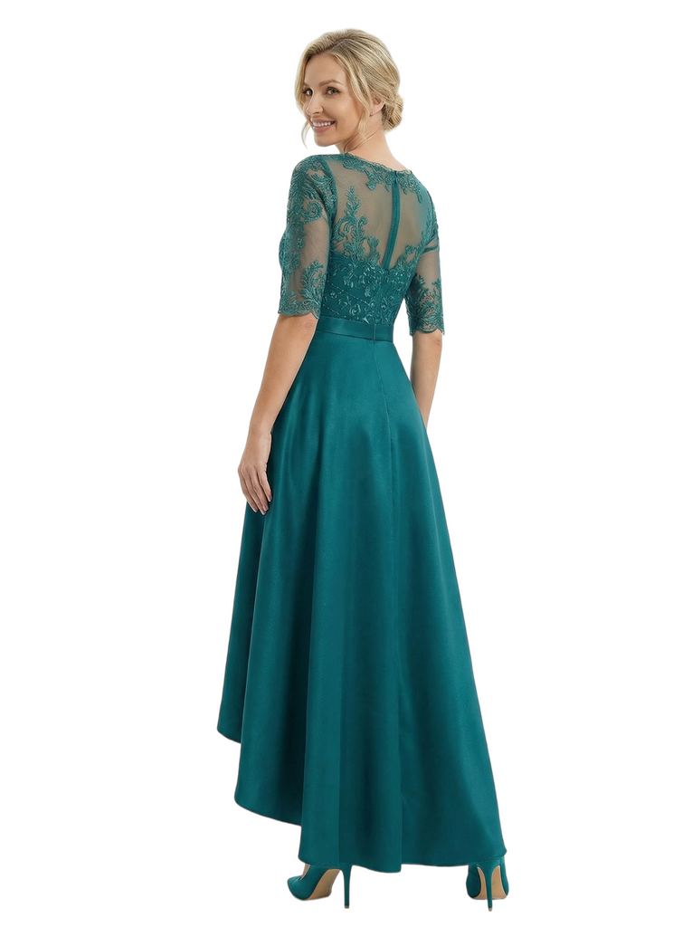 Chicsew Elegant Mother Of The Bride Dress Jewel Half Sleeves Lace Satin High-Low A-Line Gown