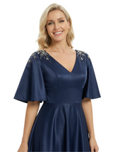 Chicsew Elegant Mother Of The Bride Dress V-Neck Short Sleeves Satin A-Line Tea-Length Gown